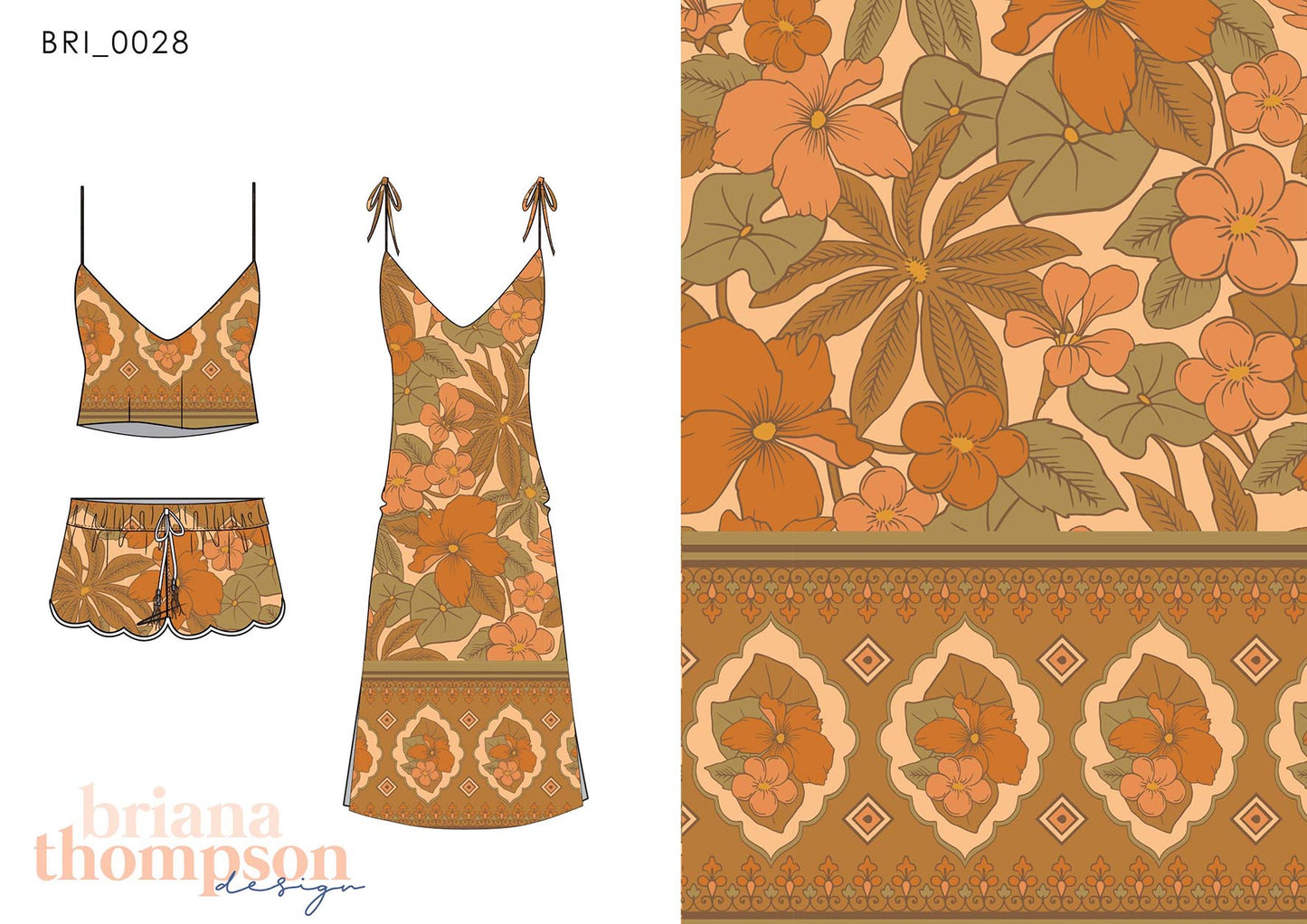 Vintage-Inspired Jungle Tropical Border Print in Neutrals shown on dress and short set
