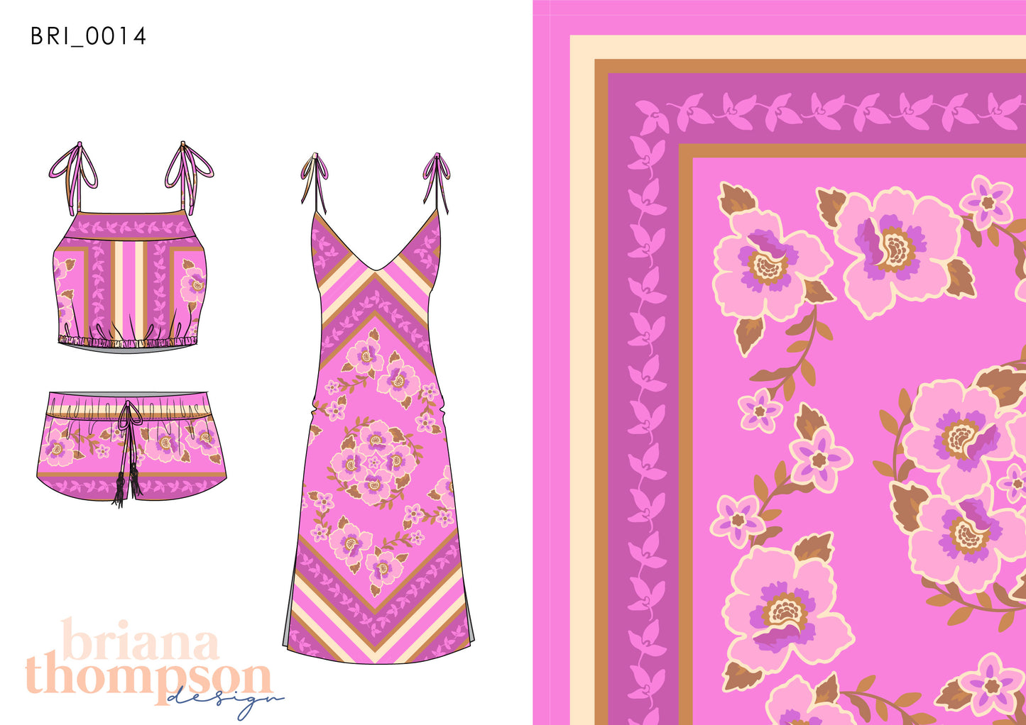 Vintage floral scarf print in pink and brown, shown on dress and short set.