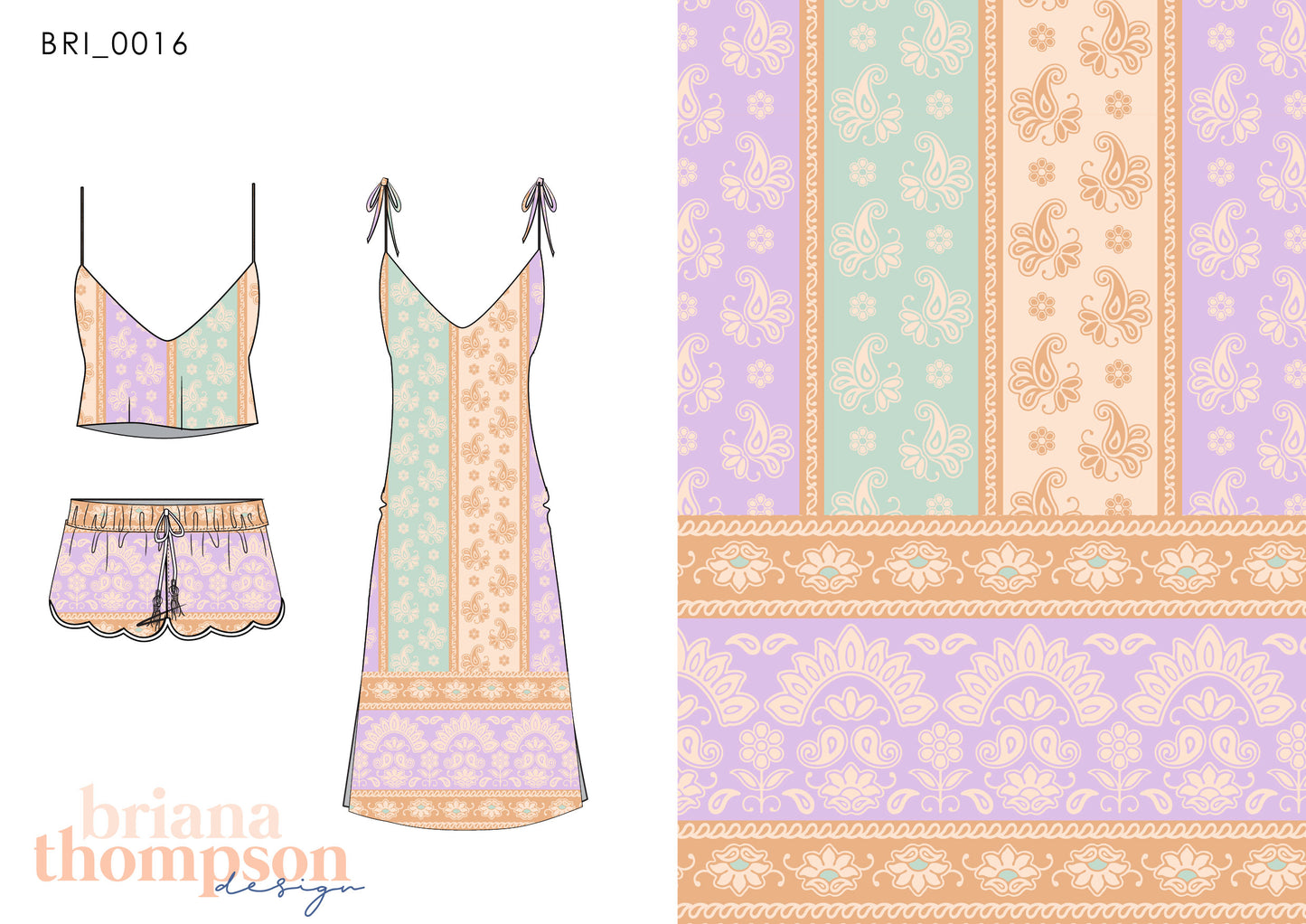 Paisley stripe print with matching border, in lilac and mint, shown on a dress and short set.