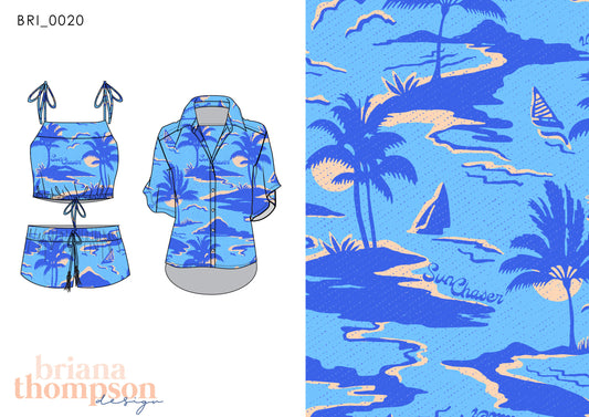 Vintage Hawaiian print in cobalt blue and cream shown on a button up shirt and short set.