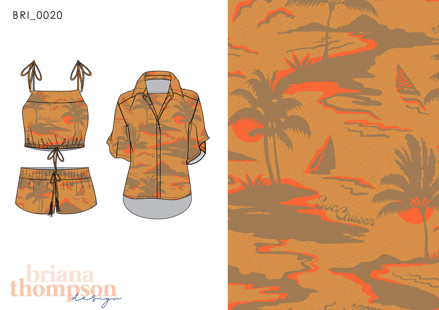 Vintage Hawaiian print in brown and red shown on a button up shirt and short set.