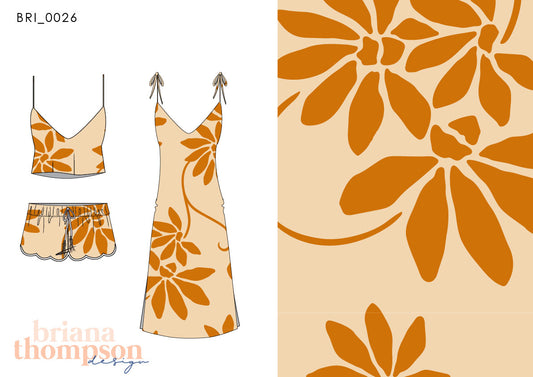 Cream and mustard oversized floral print shown on dress and skirt & top set.