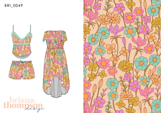 Sugar Magnolia - Bohemian Hand-drawn Feminine Floral Print for Clothing & Swimwear