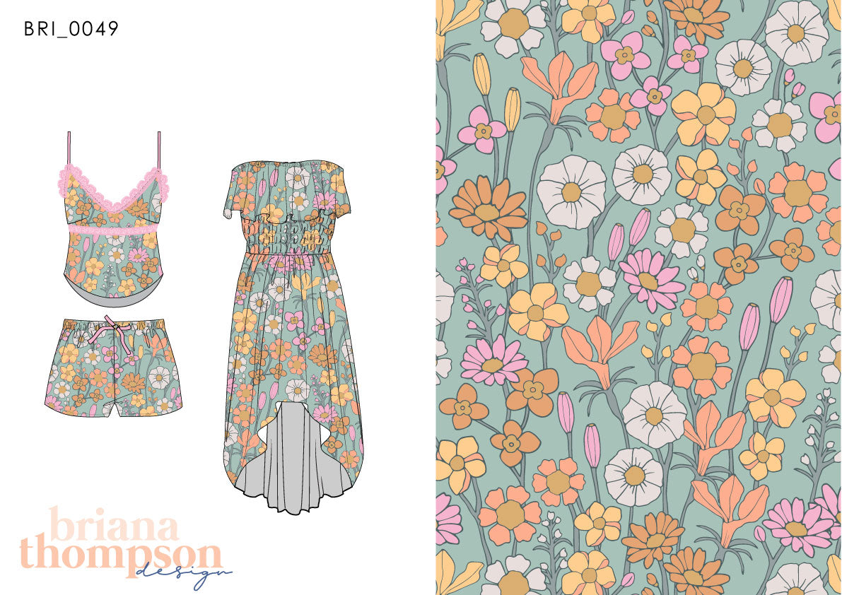 Sugar Magnolia - Bohemian Hand-drawn Feminine Floral Print for Clothing & Swimwear