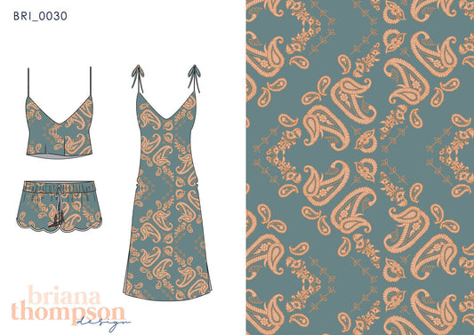 Bohemian Indian Paisley print in Blue shown on dress and short set