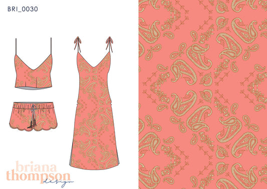 Bohemian Indian Paisley print in coral shown on dress and short set