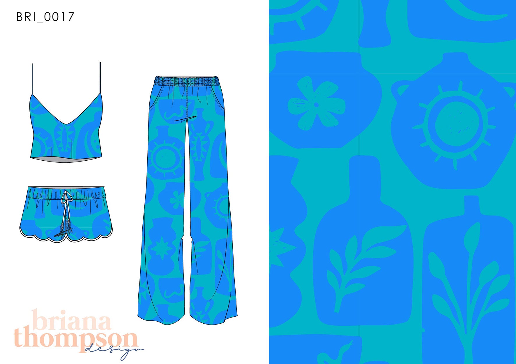 Minimal abstract 2 colour conversational print in blue and green shown on short set and pants.
