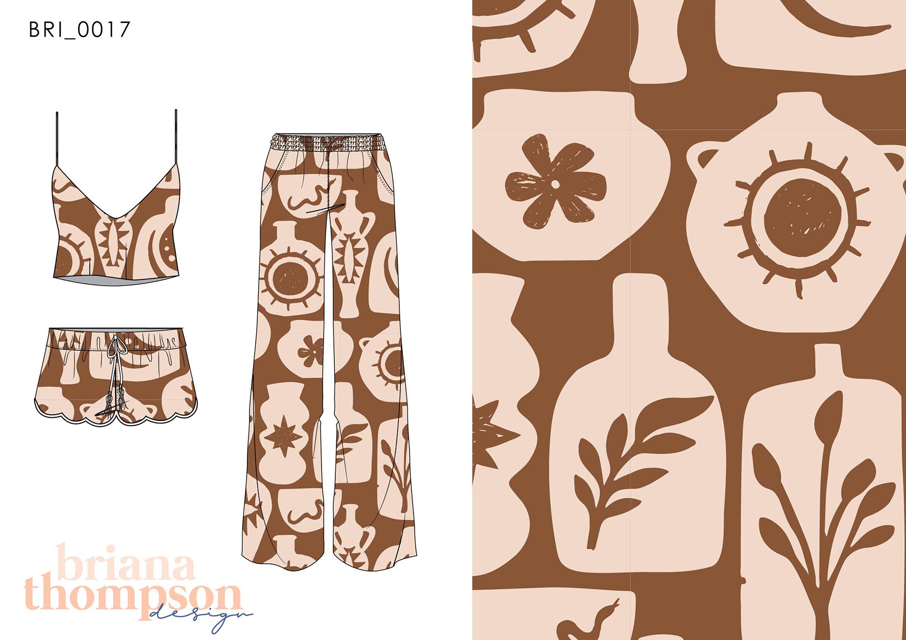 Minimal abstract 2 colour conversational print in brown and cream, shown on short set and pants.