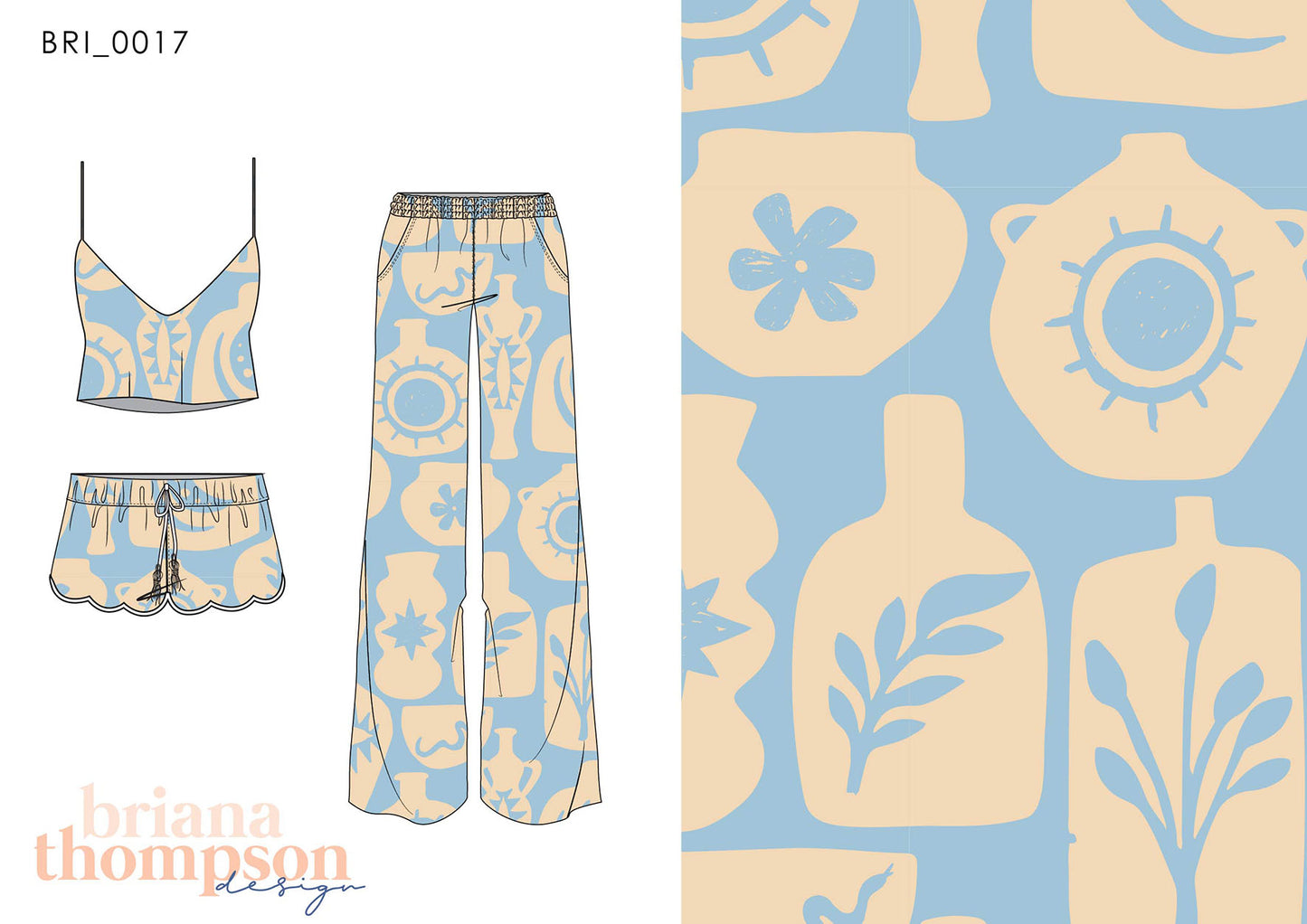 Minimal abstract 2 colour conversational print in baby blue and cream, shown on short set and pants.