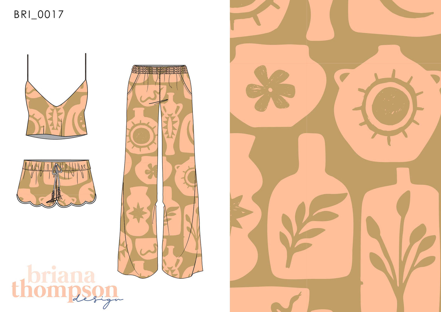 Minimal abstract 2 colour conversational print in khaki and peach, shown on short set and pants.