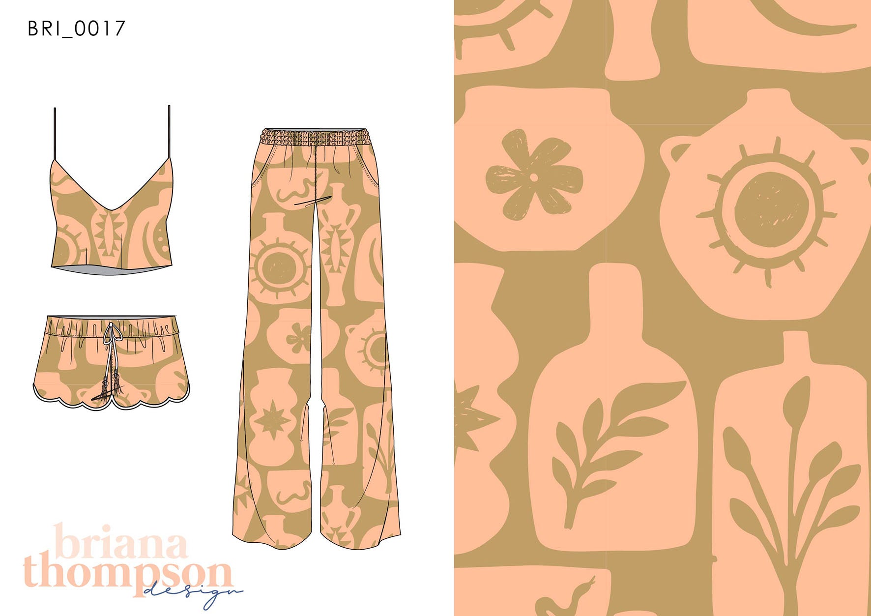 Minimal abstract 2 colour conversational print in khaki and peach, shown on short set and pants.