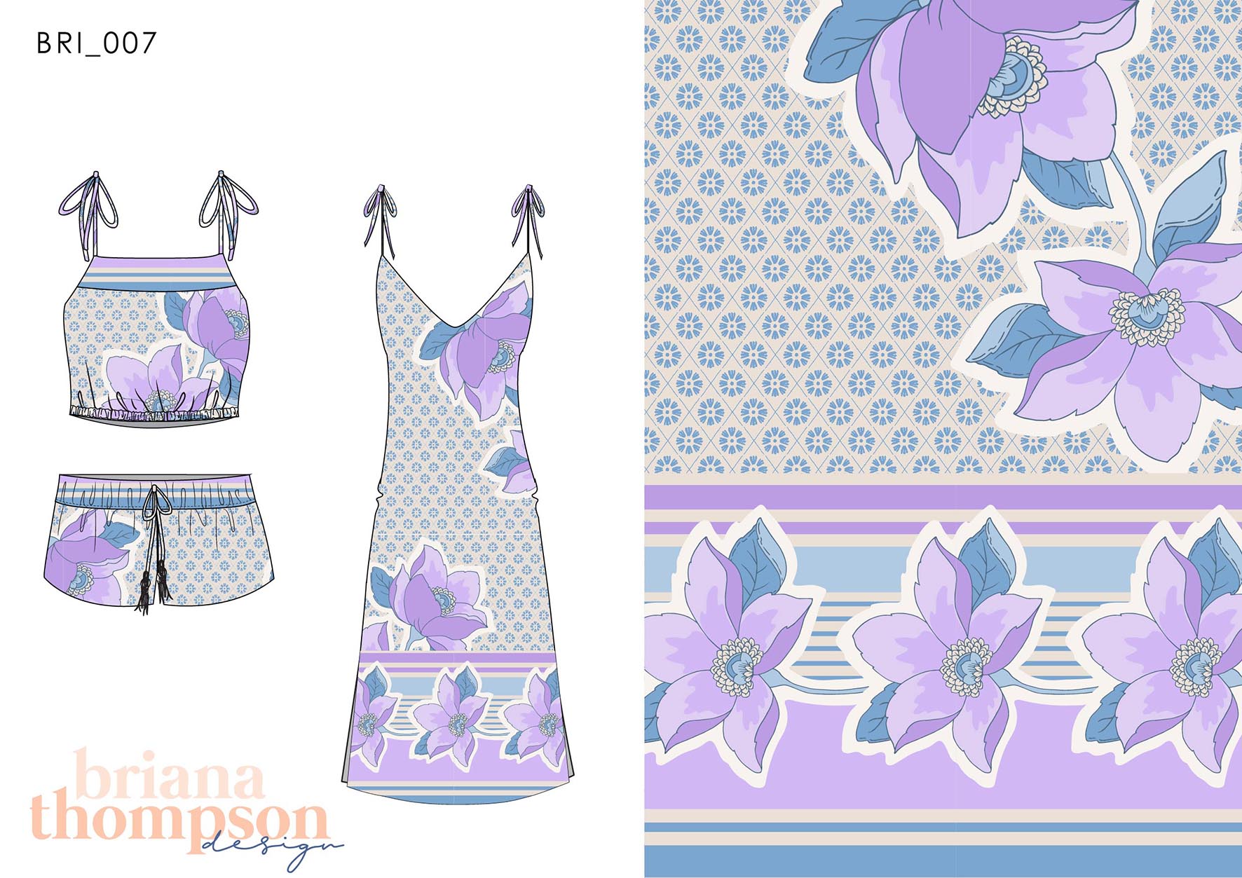 Vintage inspired, floral border print with textured background in blue and lilac shown on dress and short set