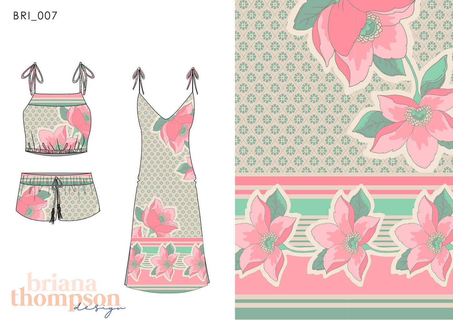 Vintage inspired, floral border print with textured background in pink and mint shown on dress and short set