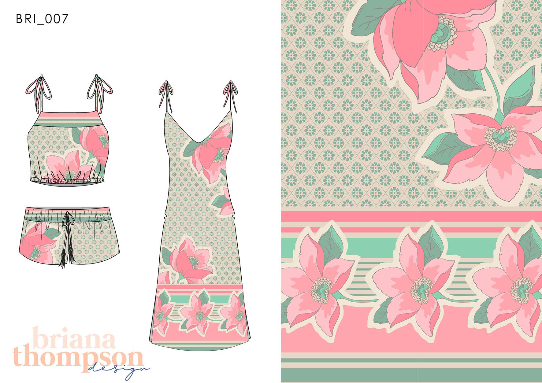 Vintage inspired, floral border print with textured background in pink and mint shown on dress and short set