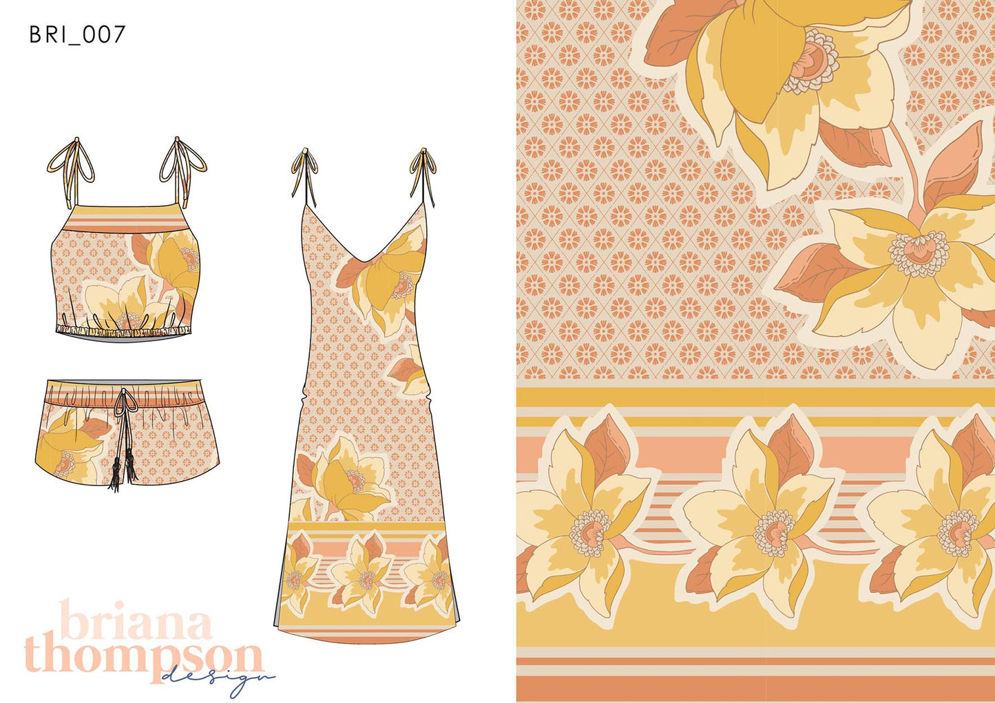 Vintage inspired, floral border print with textured background in terracotta and mustard shown on dress and short set
