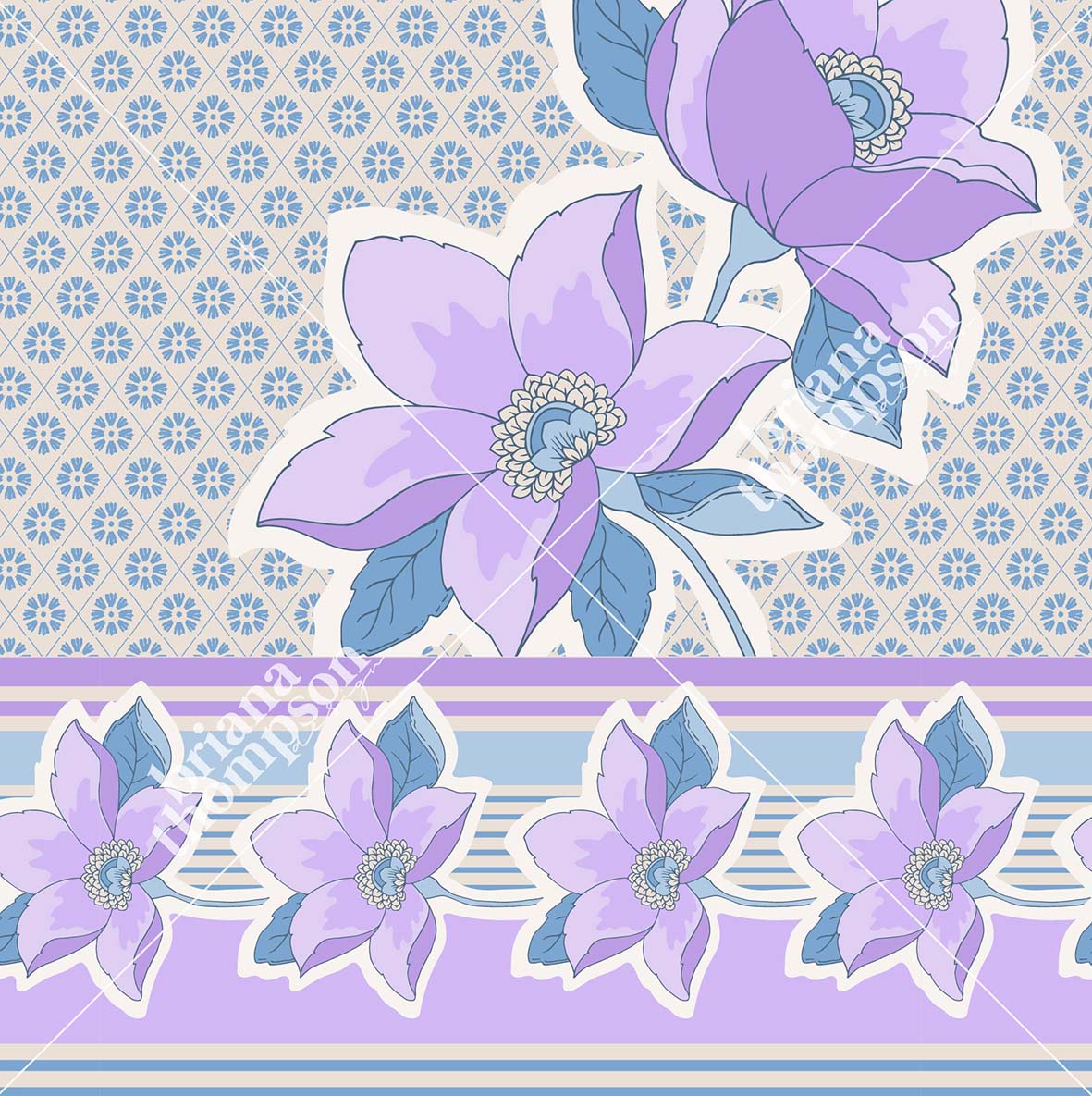 Vintage inspired, floral border print with textured background in blue and lilac for apparel.