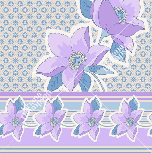 Vintage inspired, floral border print with textured background in blue and lilac for apparel.
