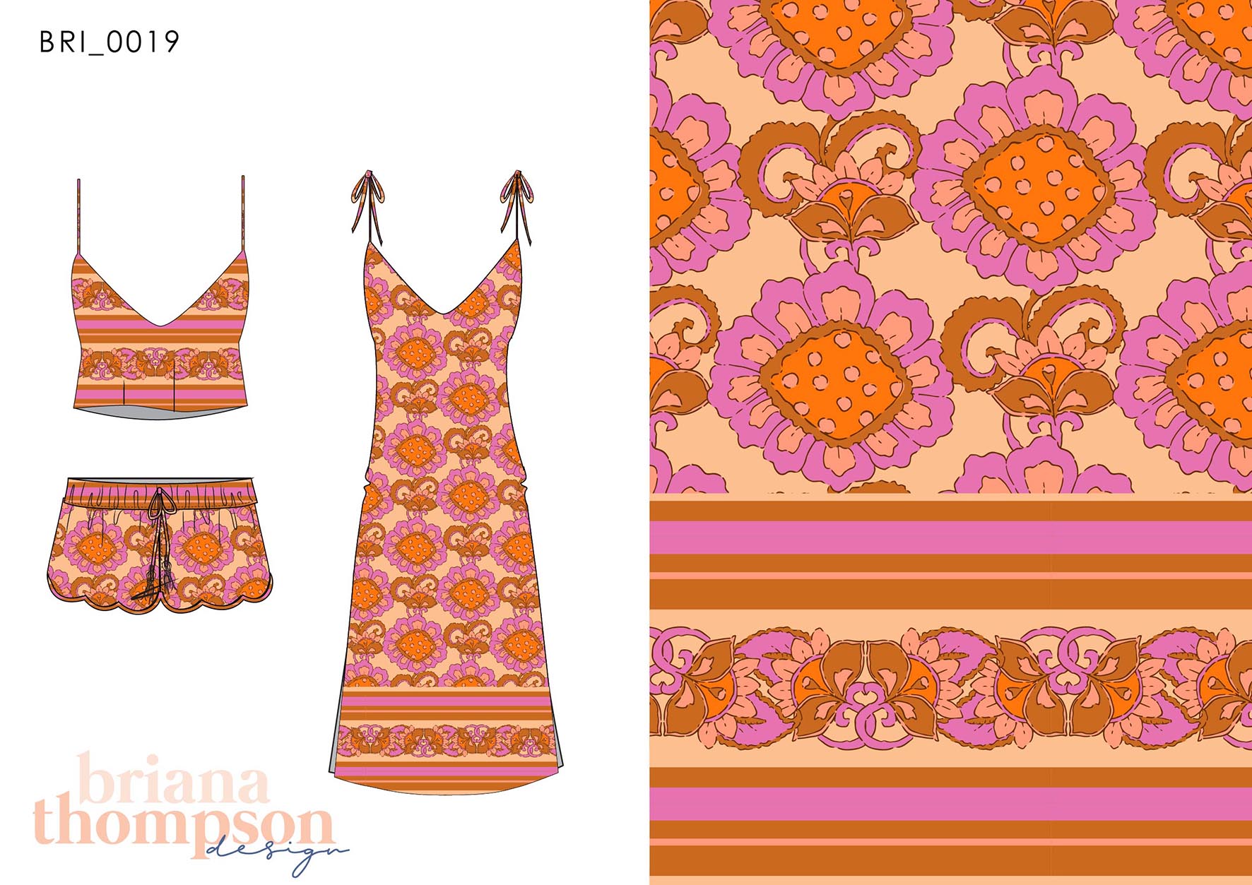 Vintage inspired hand drawn tile print in orange and pink, shown on a dress and short set.