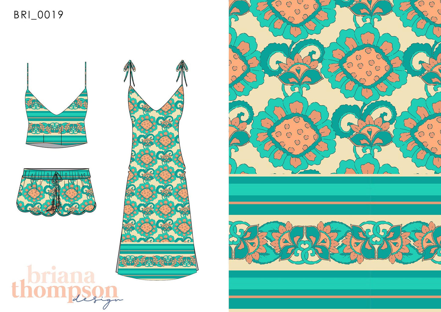 Vintage inspired hand drawn tile print in turquoise and cream, shown on a dress and short set.