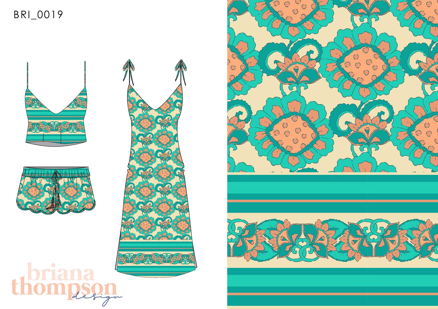 Vintage inspired hand drawn tile print in turquoise and cream, shown on a dress and short set.