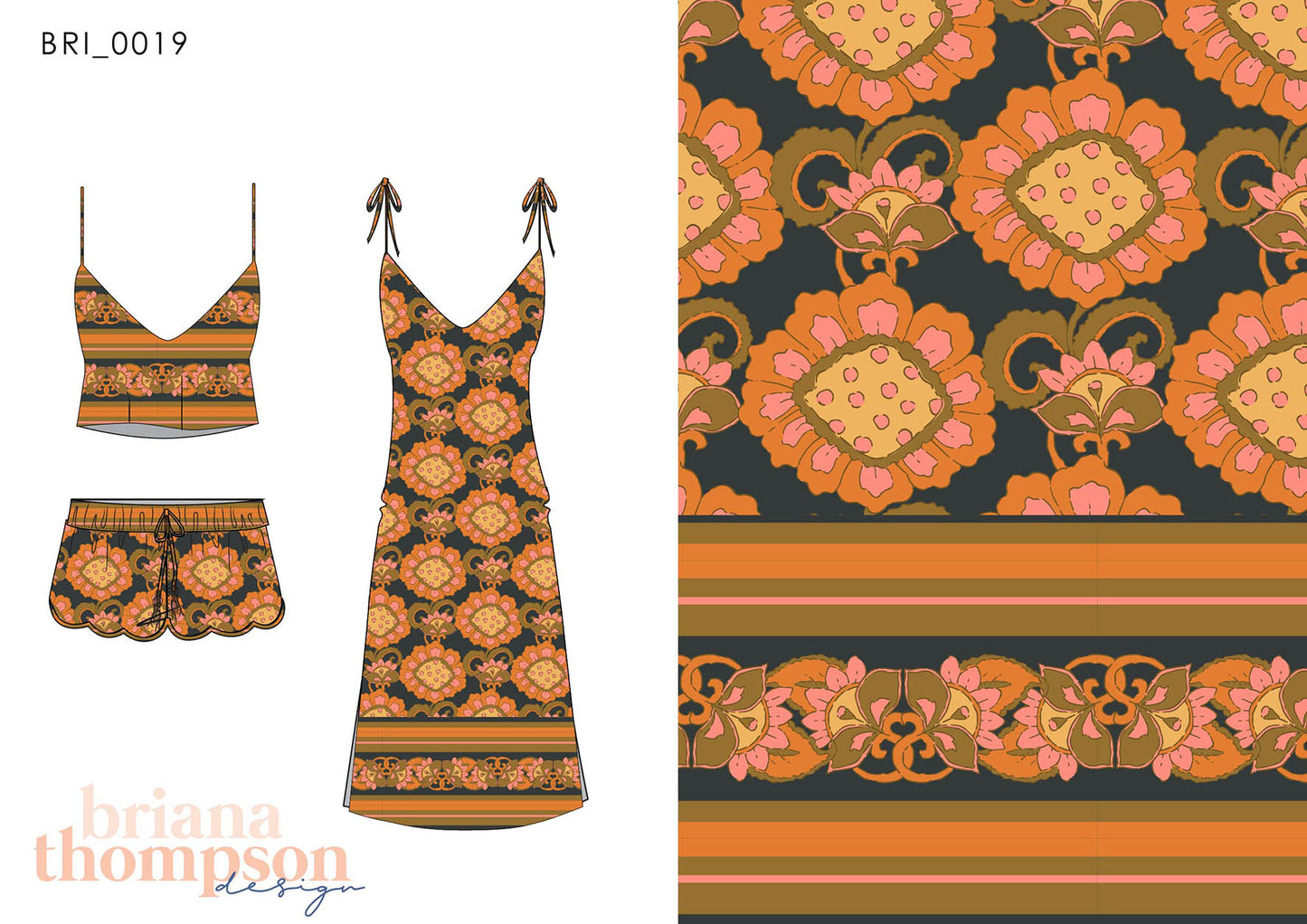 Vintage inspired hand drawn tile print in charcoal and burnt orange, shown on a dress and short set.