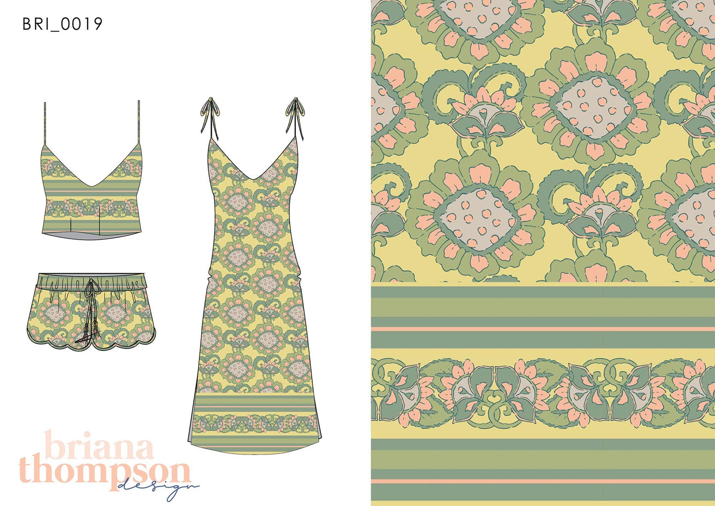 Vintage inspired hand drawn tile print in sage and lime, shown on a dress and short set.