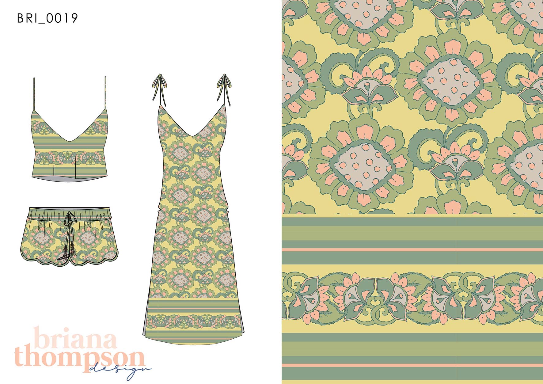 Vintage inspired hand drawn tile print in sage and lime, shown on a dress and short set.