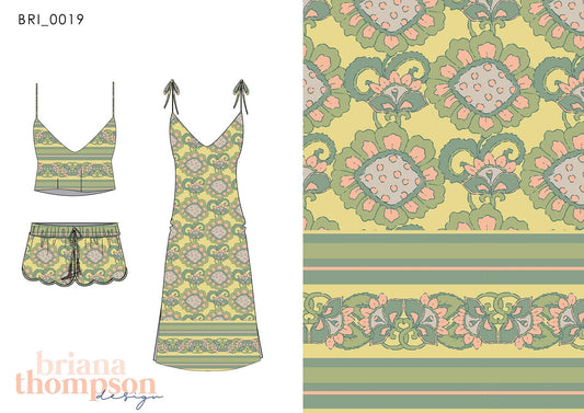 Vintage inspired hand drawn tile print in sage and lime, shown on a dress and short set.