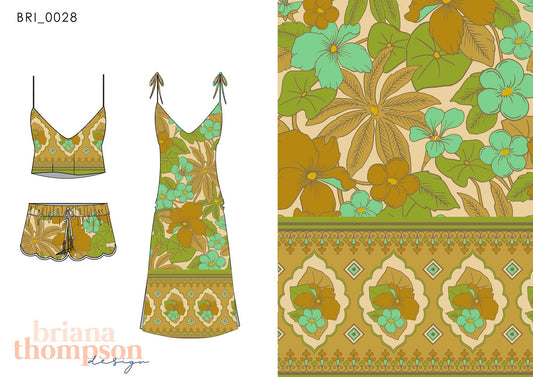 Vintage-Inspired Jungle Tropical Border Print in Green and Brown shown on dress and short set