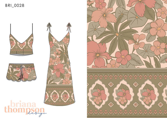 Vintage-Inspired Jungle Tropical Border Print in Dusty Pink and Sage shown on dress and short set