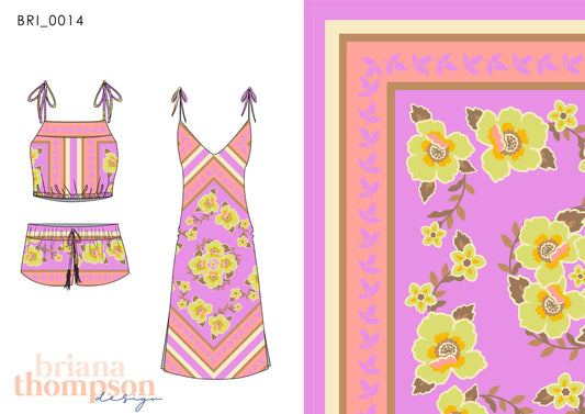 Vintage floral scarf print in lilac and lemon, shown on dress and short set.