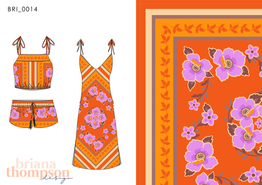Vintage floral scarf print in red and lilac, shown on dress and short set.