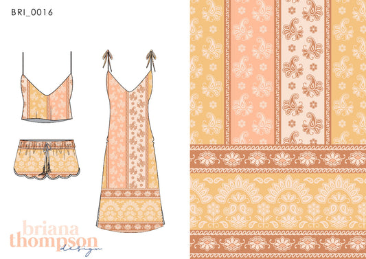 Paisley stripe print with matching border, in mustard and peach, shown on a dress and short set.