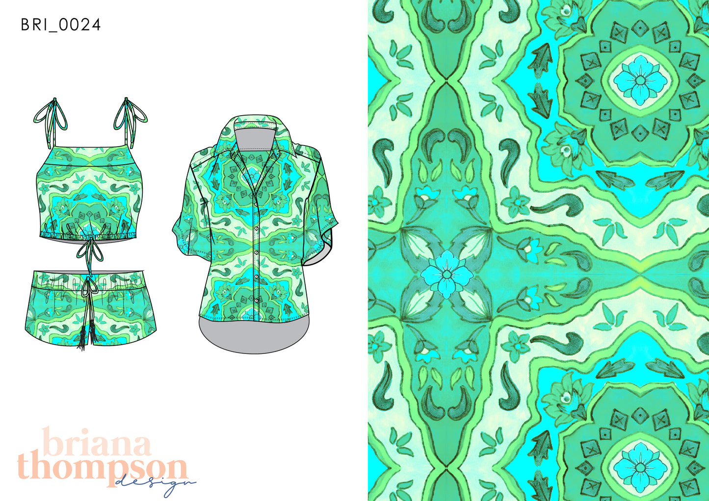 Hand drawn bohemian tile print in green shown on button up shirt and short set.