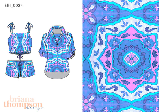 Hand drawn bohemian tile print in blue and pink shown on button up shirt and short set.