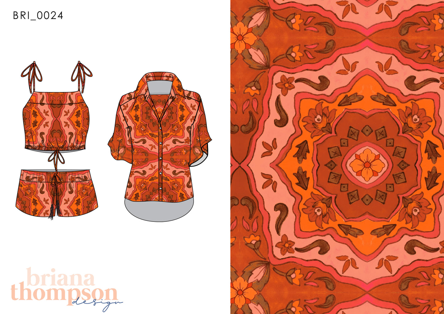 Hand drawn bohemian tile print in red and orange shown on button up shirt and short set.
