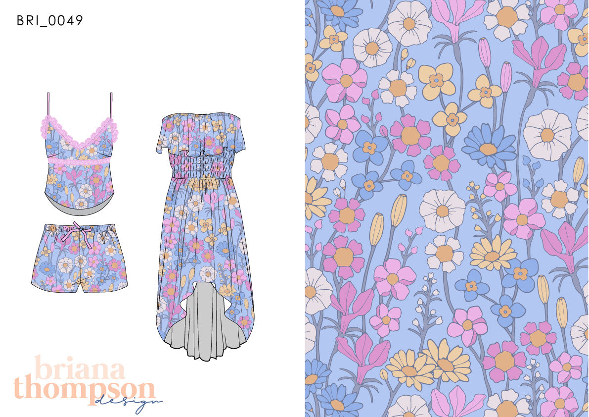 Sugar Magnolia - Bohemian Hand-drawn Feminine Floral Print for Clothing & Swimwear