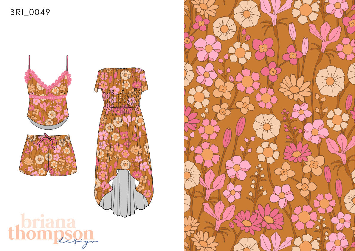 Sugar Magnolia - Bohemian Hand-drawn Feminine Floral Print for Clothing & Swimwear