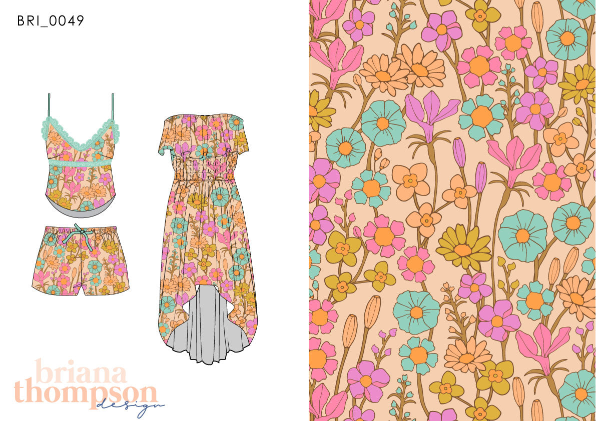 Sugar Magnolia - Bohemian Hand-drawn Feminine Floral Print for Clothing & Swimwear